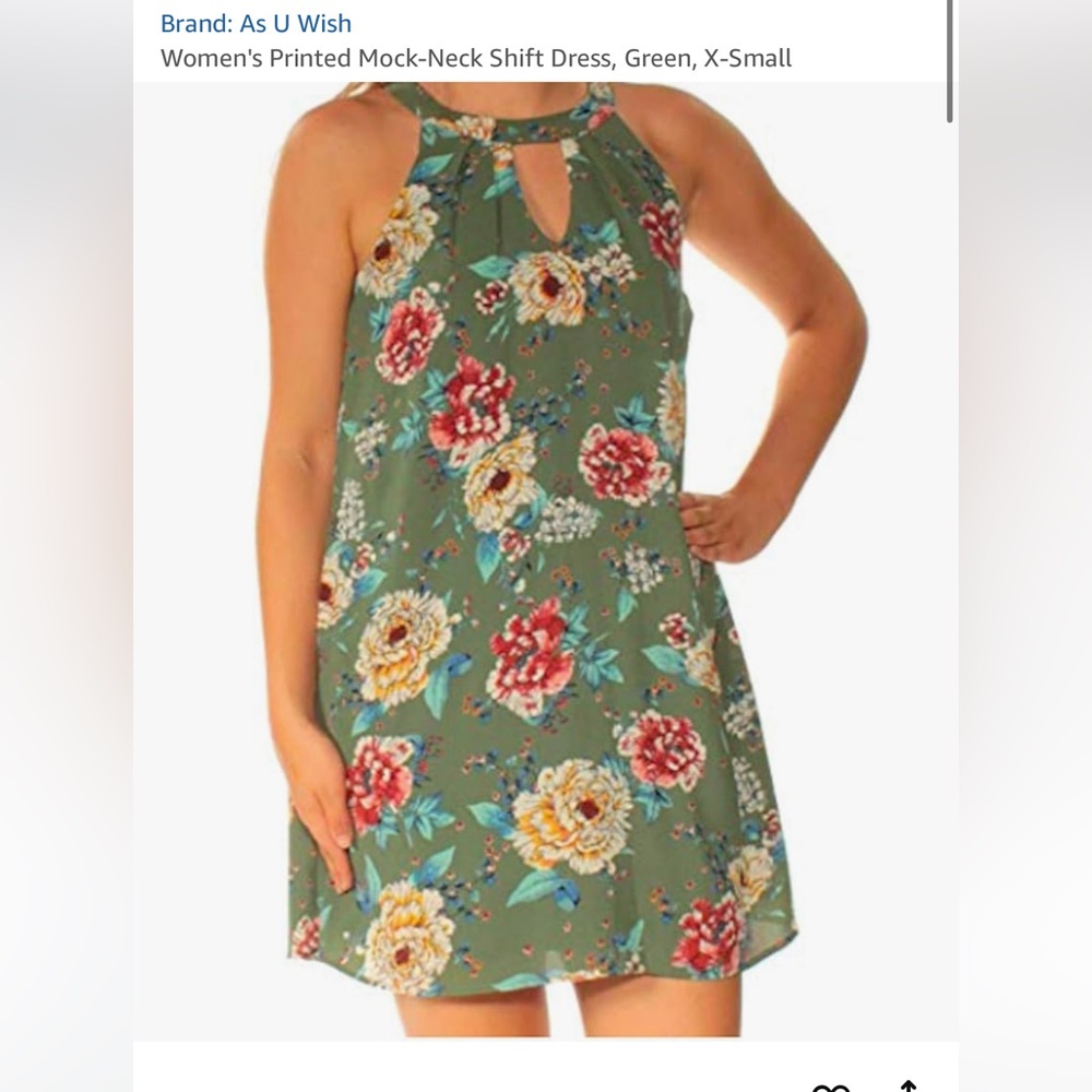 Women's floral Printed Mock-Neck Shift Dress, Green, X-Small